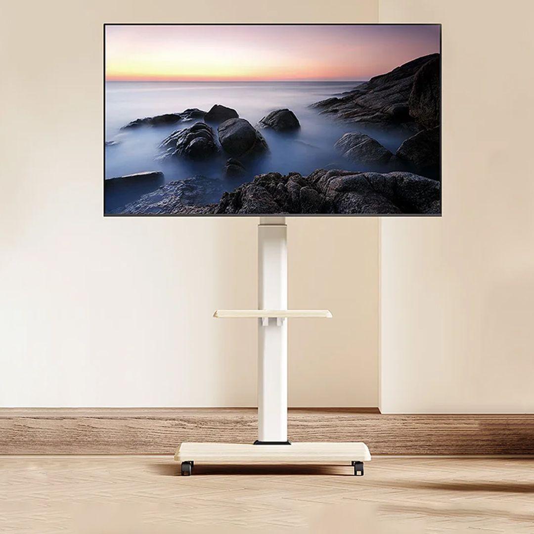 Height-adjustable Mobile TV Stand with Wooden Base