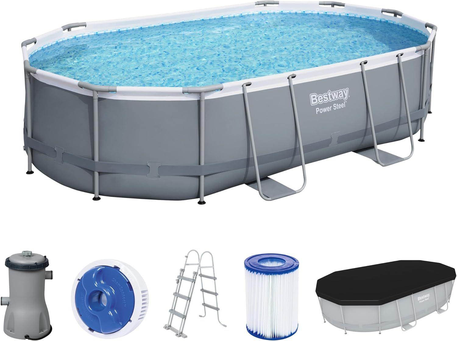 BESTWAY 4.88M X 3.05M X 1.07M OVAL POOL SET (Contents:One Pool, Filter Pump(220-240V), Ladder, Cover, ChemConnect Dispenser,Compatible with Cartridge 58094(II)220-240V) 