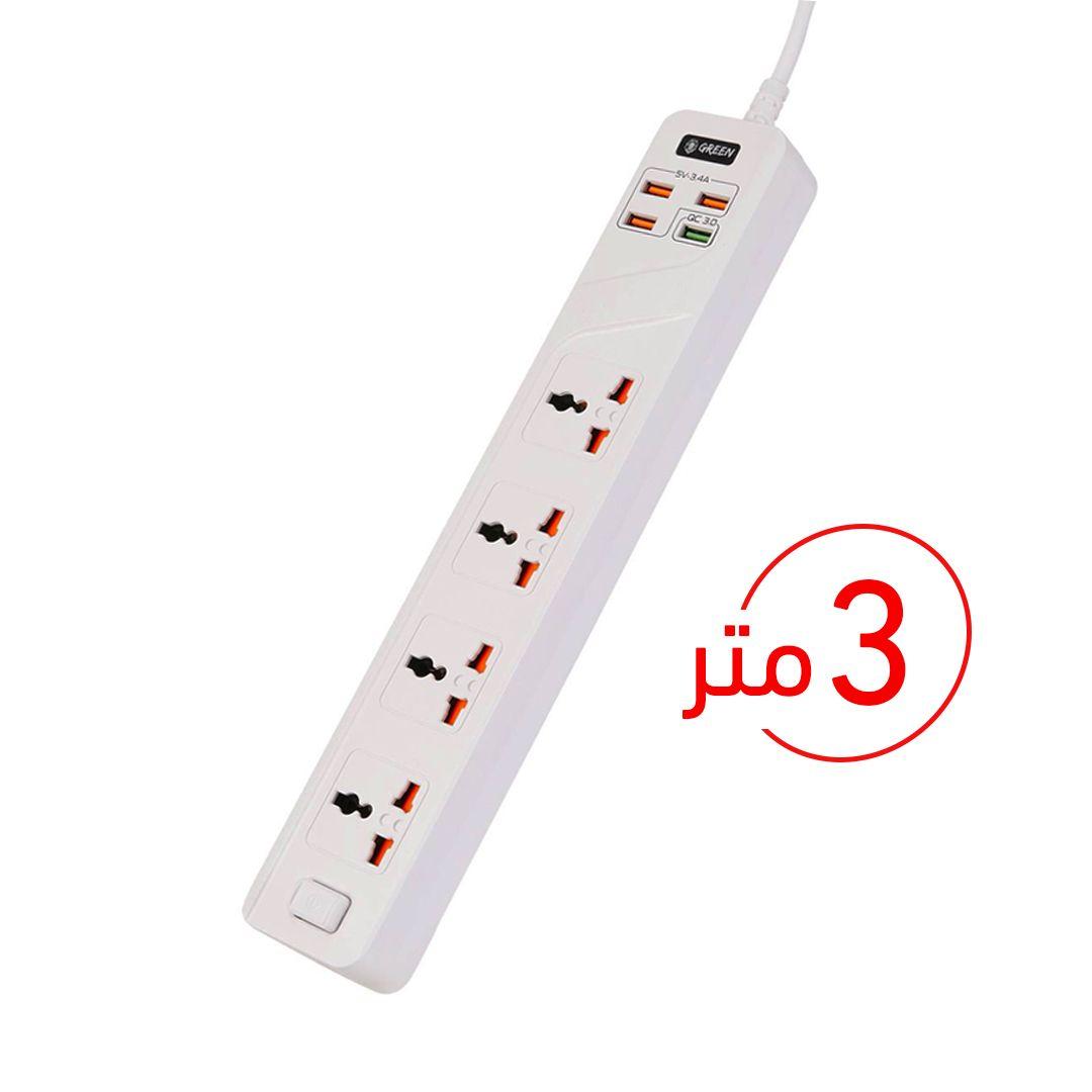 Green 4 AC 4 USB 3.4A QC3.0 Multiport Smart Power Socket 3000W 3M with Overload Protection