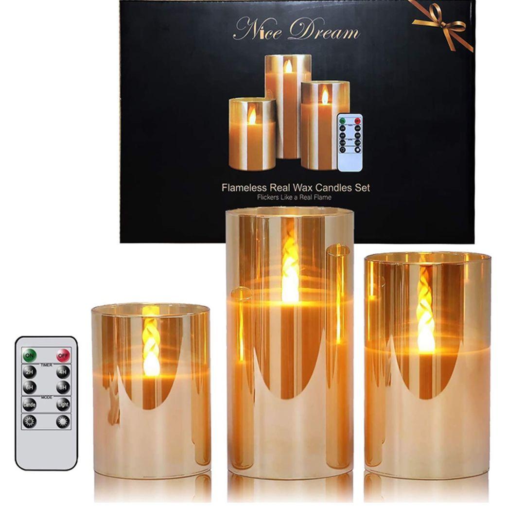 Flickering Flames LED Candle with Gold Glass Holder Set(3 Pack) Electronic Candle