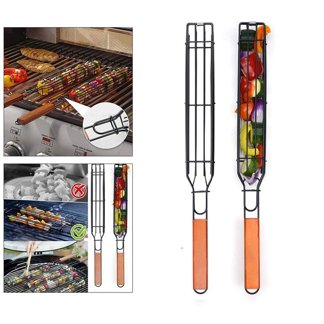 Portable Stainless Barbecue Grill Basket with Wooden Handle, Perfect BBQ Grilling Cookware