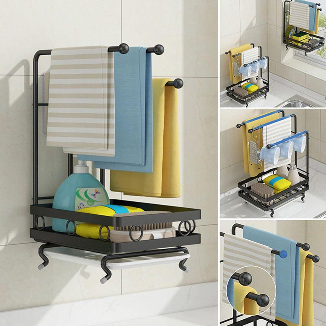 Multipurpose Carbon Steel Kitchen Sink Caddy Organizer Countertop Adhesive Rag Sponge Holder with Draining Plate