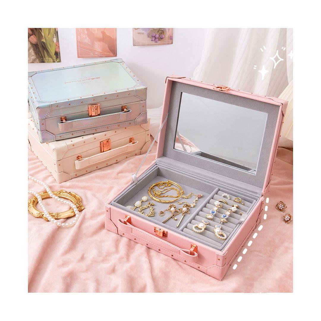 Jewelry Storage Box Double-Layer Hair Accessories Jewelry Organizer with Mirror Portable Leather Storage Jewelry Case
