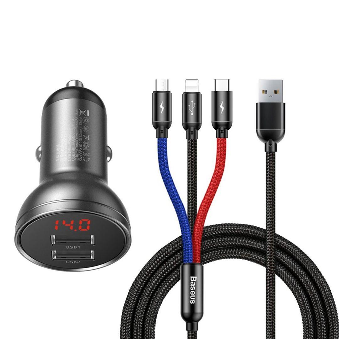 BASEUS 4.8A CAR CHARGER + 3 IN 1 USB CABLE 1.2M- BLACK