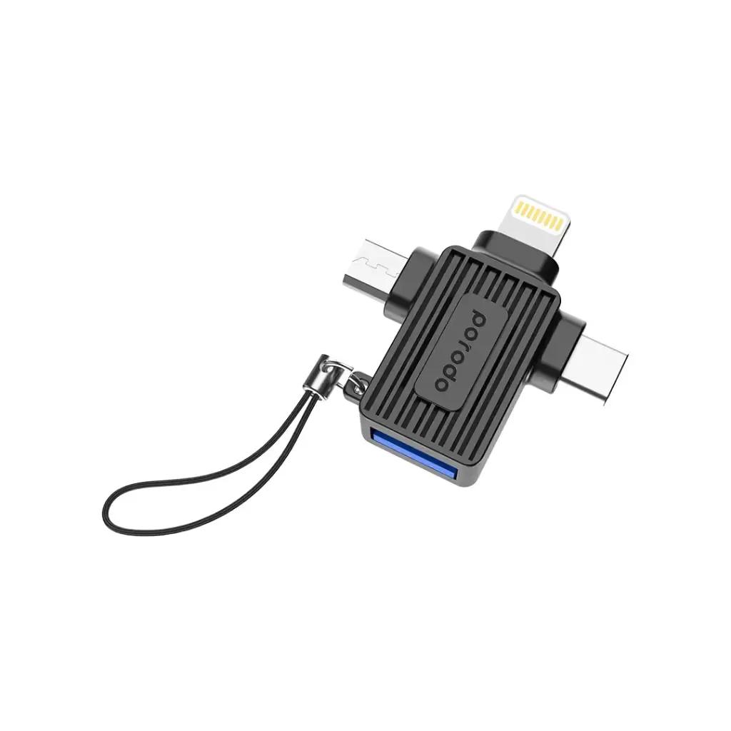 Porodo PD-CBL0025-BK OTG Adapter for Lightning, Micro-USB, and Type-C to USB