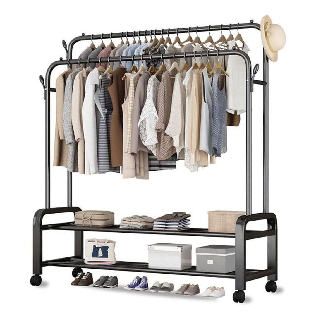 Double Clothes Rail Heavy Duty Metal Coat Stand Garment Rack 