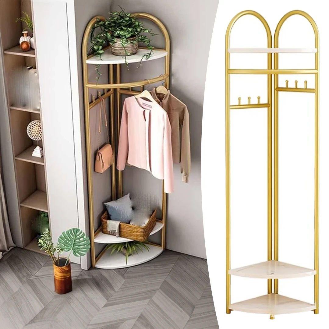 Metal Clothes Stand with 3 Wooden Shelves for Storage