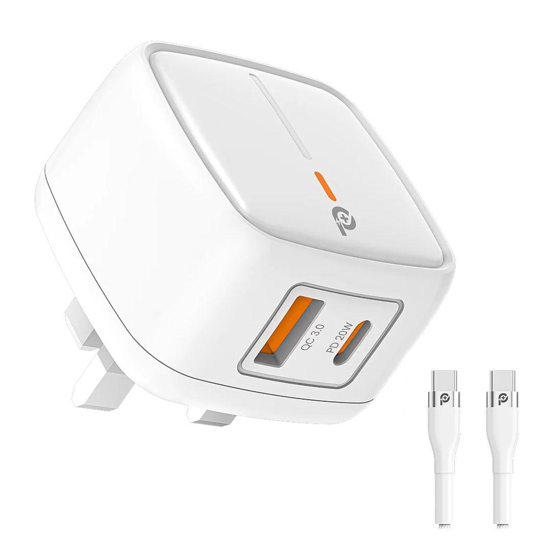 Powero+ PR-TCP20UK-WH 20W Dual-Port Charger with USB-C to USB-C Cable