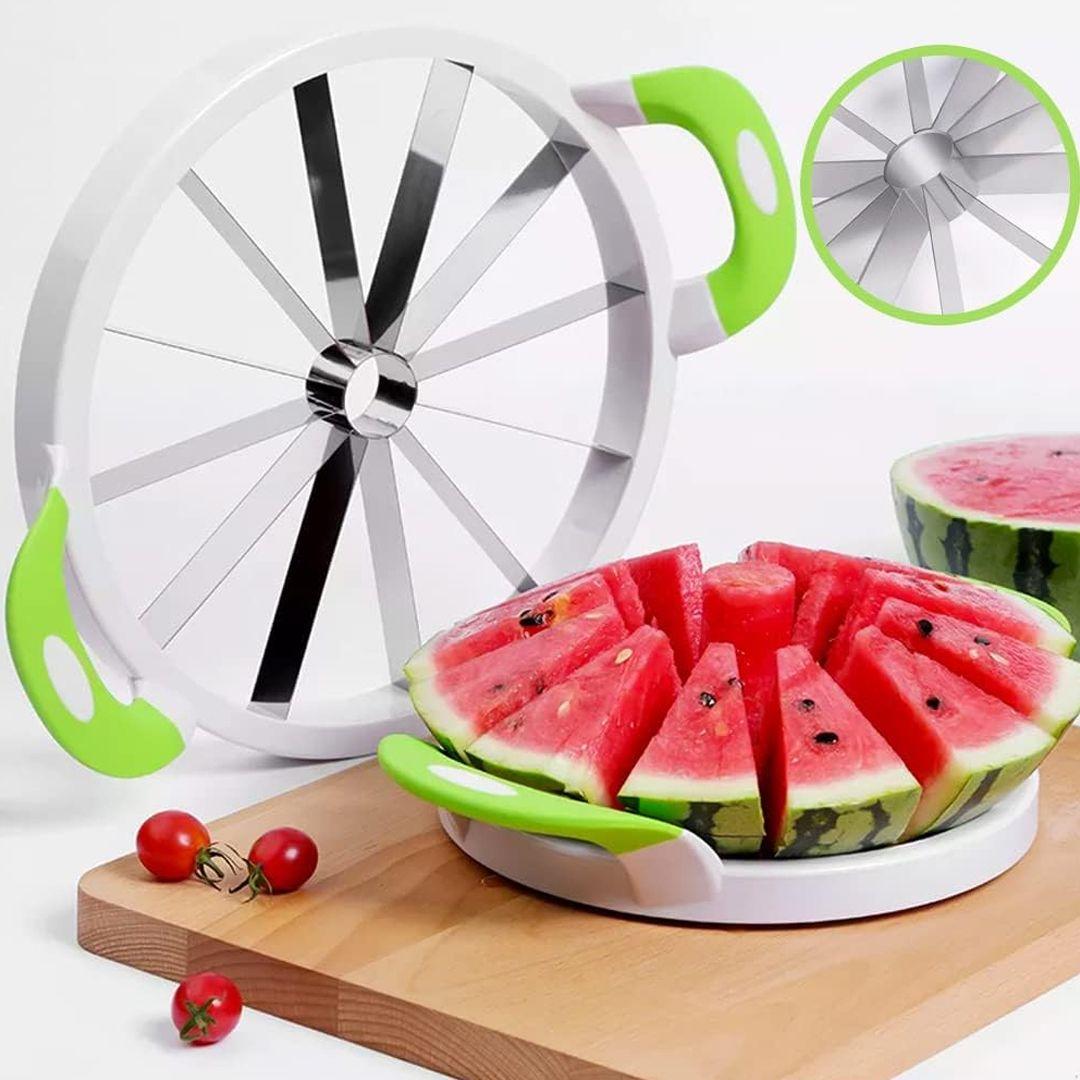 Extra Large Watermelon Slicer Cutter Comfort Silicone Handle,Home Stainless Steel Round Fruit Vegetable Slicer Cutter Peeler Corer Server for Cantaloup Melon, Pineapple, Honeydew