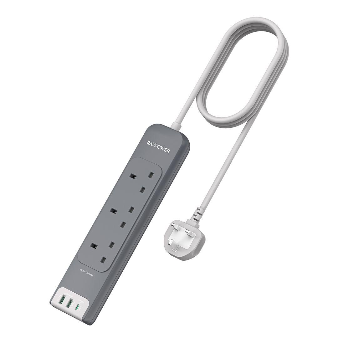 RAVPower RP-PC1038 30W Power Strip Gray UK with Type C Port and 2USB ports 3M  