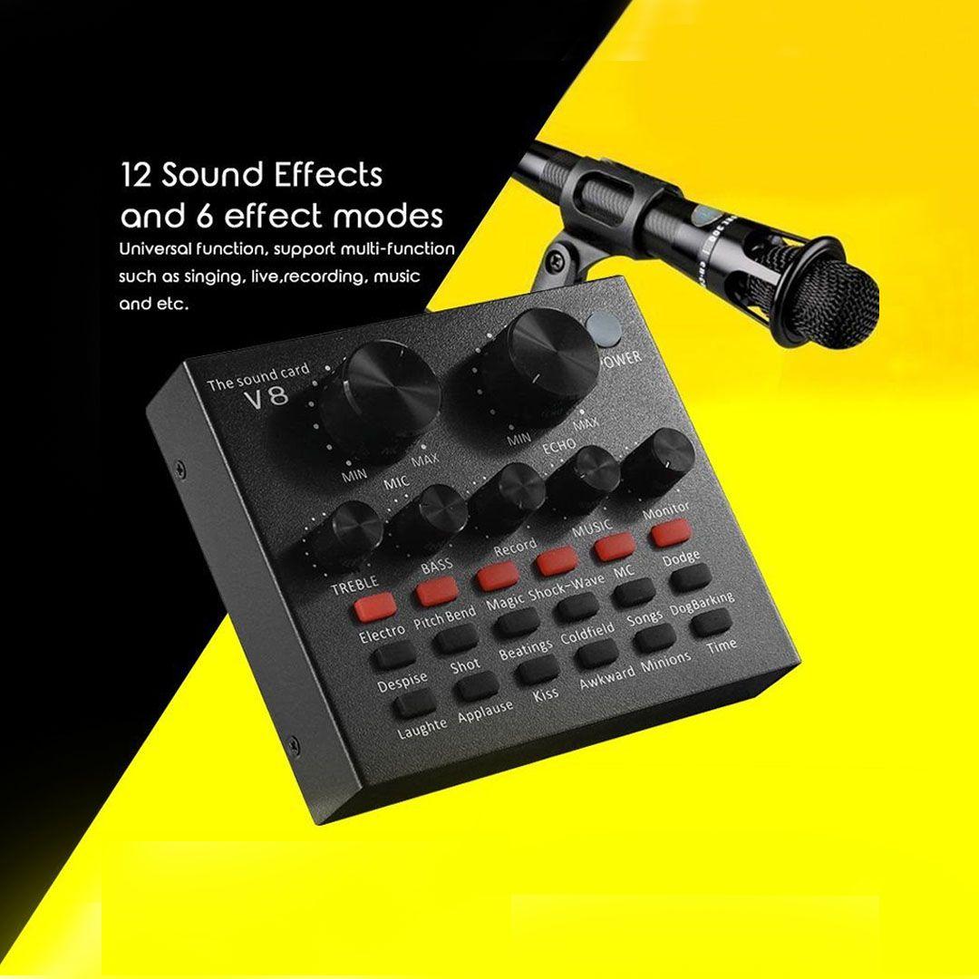 V8 Sound Card Audio Interface USB Live Broadcast Microphone for PC Phones Singing or Recording