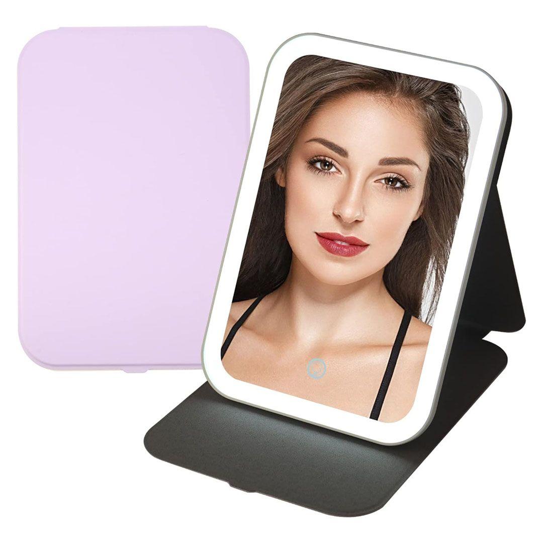 Lighted Makeup Mirror with Folding Lid 3 Color Modes Rechargeable 360 Degree Rotation