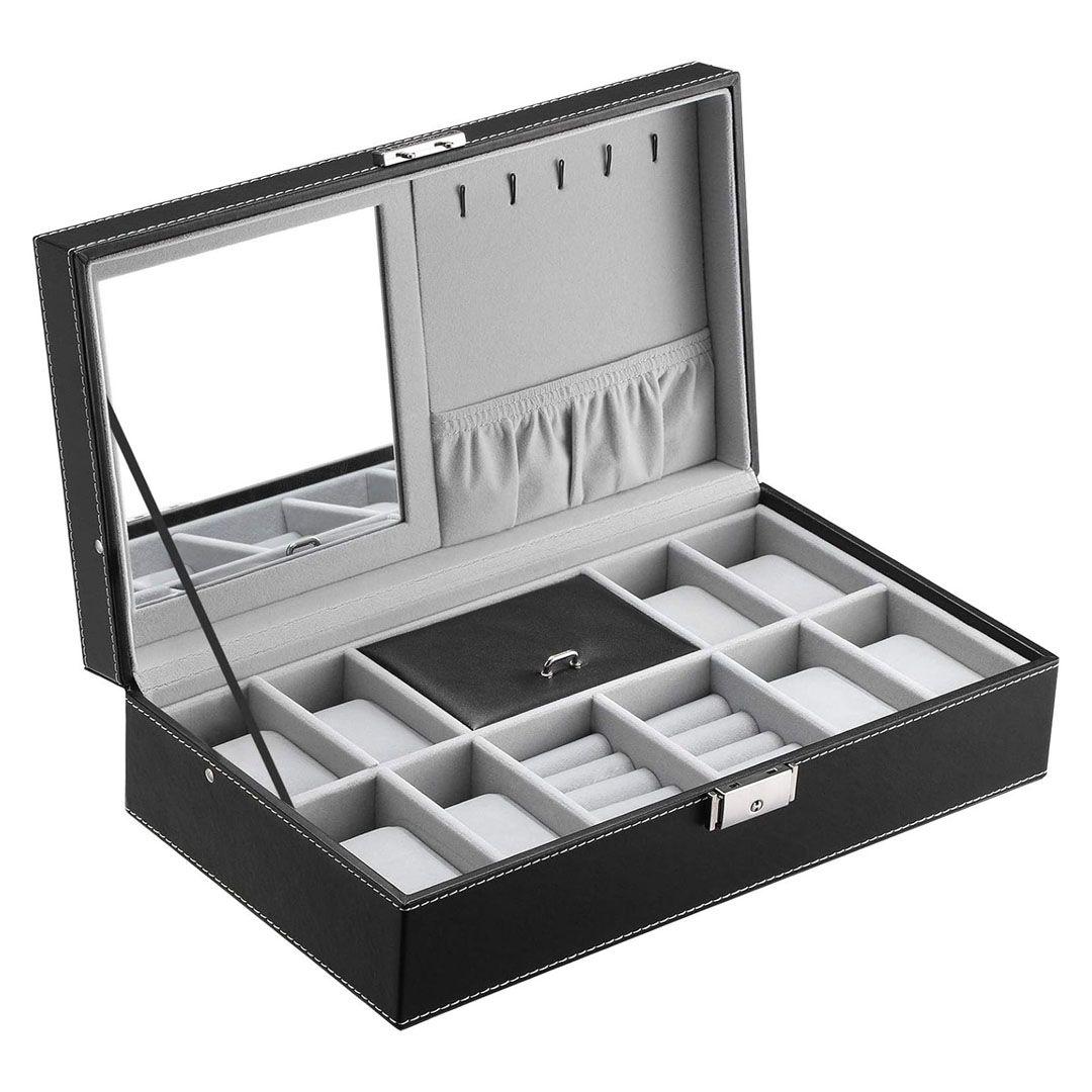 Watch and Accessories Organizer Box 10 Compartments, with Mirror and Side Hangers for Chains