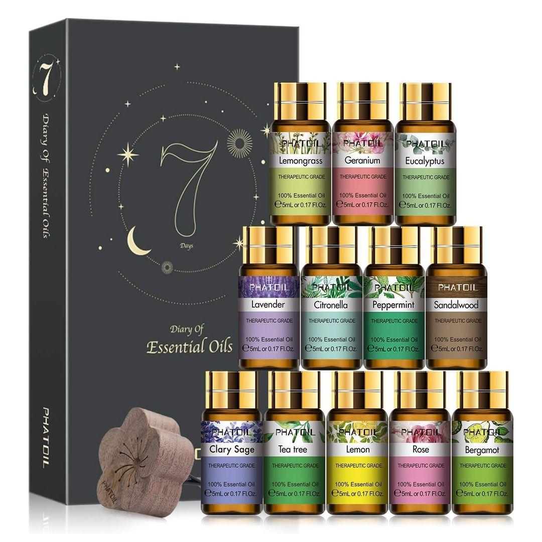 Essential Oil Set Consisting of 12 Distinct Aromatic Scents, with a Magnetic Holder and a Diffuser