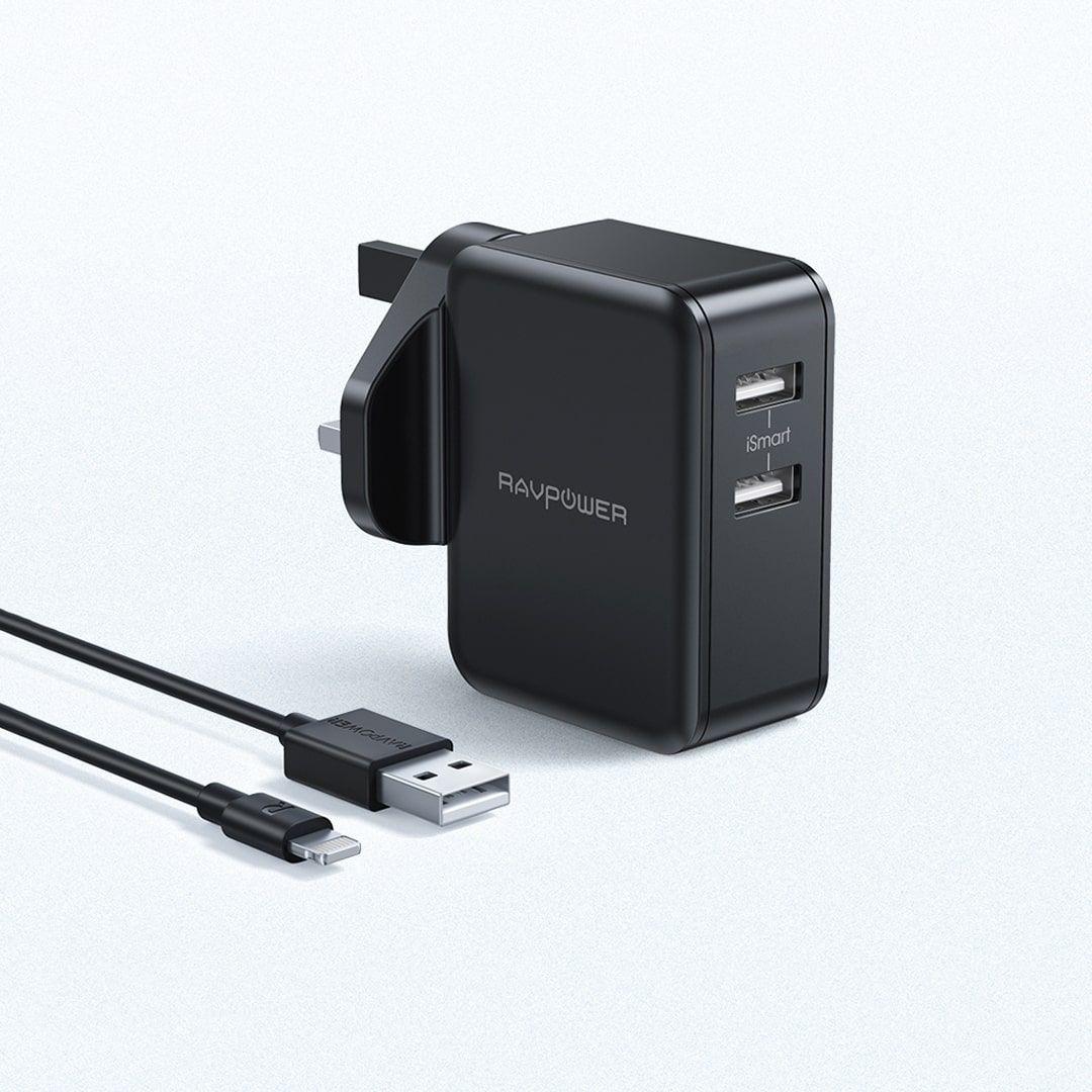 RAVPower RP-PC119 RAVPower Prime 24W Dual USB UK Plug Wall Charger(RP-PC001), RP-CB030 1M Lightning Cable
