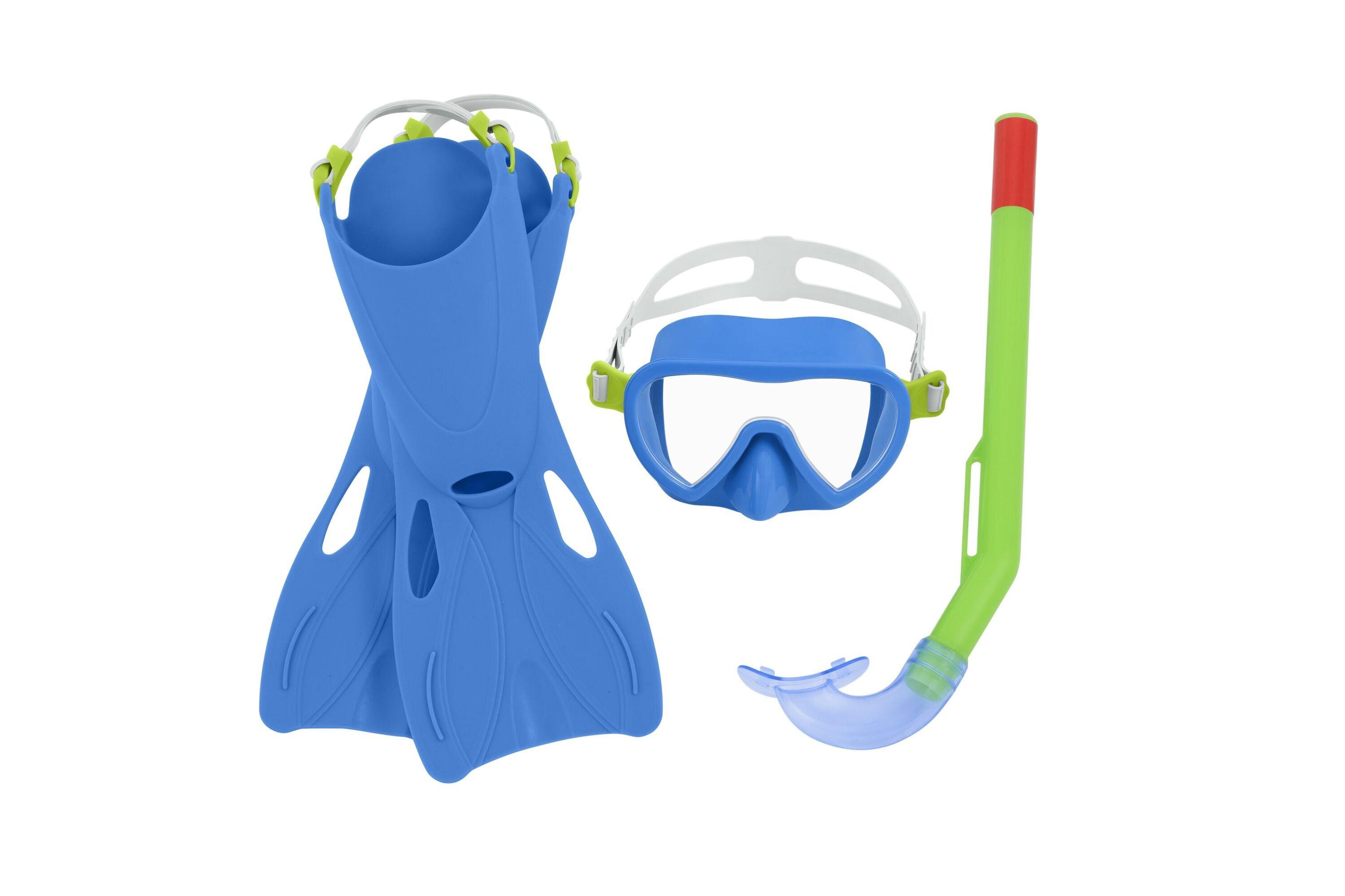 BESTWAY  CRUSADER ESSENTIAL SNORKEL SET (Contents:one mask, one snorkel and one pair of fins, 2 assorted colors Fin Size:US(8-10), EUR(24-27)) Age 3+
