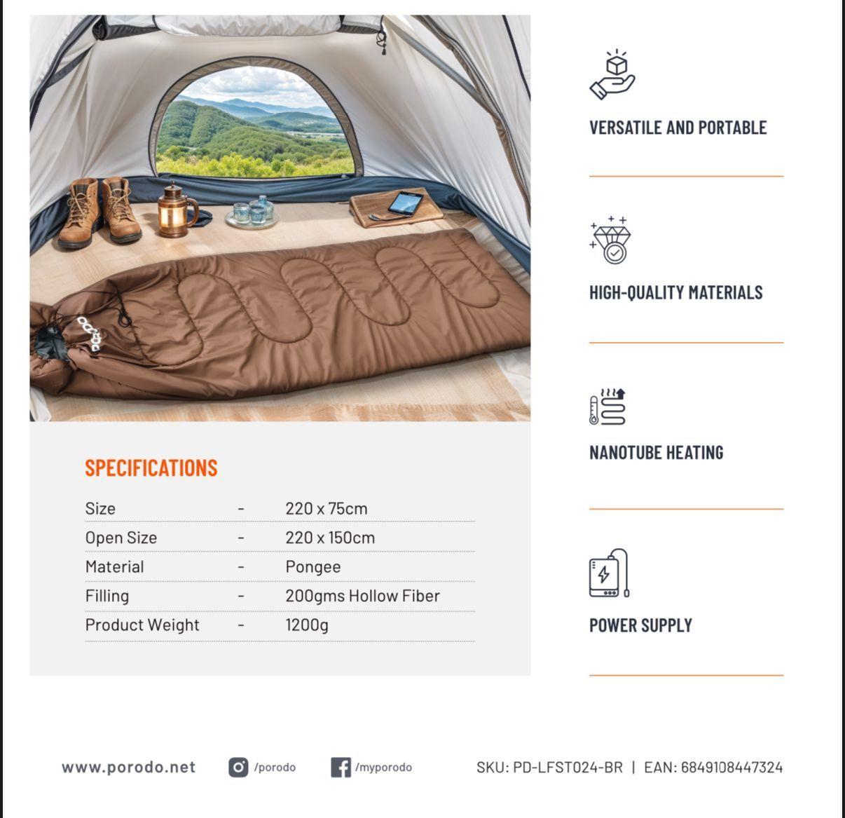 Porodo PD-LFST024-BR Lifestyle Power Heating Sleeping Bag – Smart Warmth for Outdoor Adventures