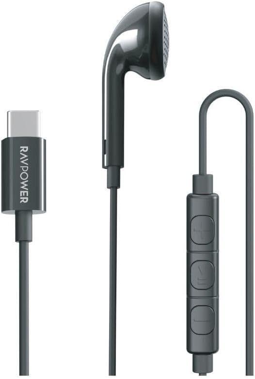 RAVPower Mono Earphones with USB-C Port, Hands-Free Calling, 14.2mm Speaker