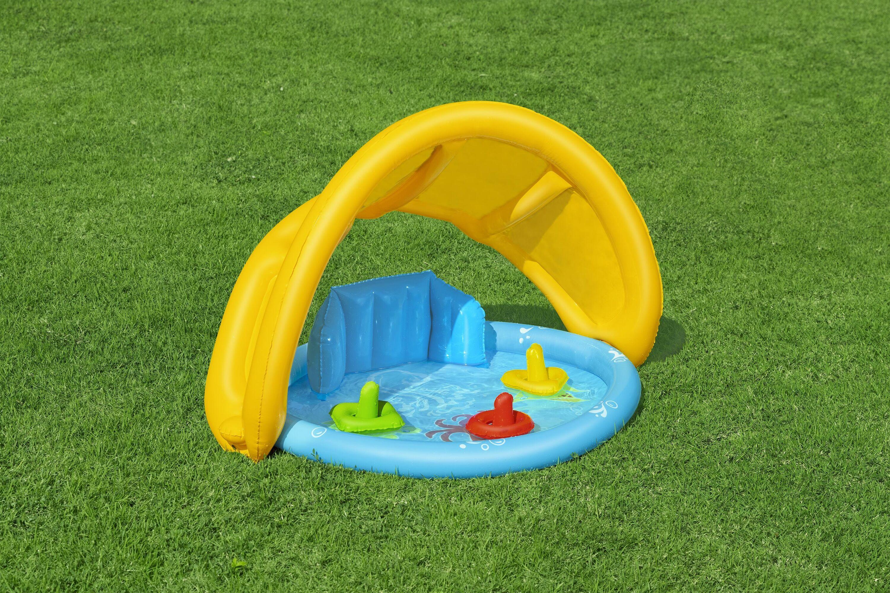 BESTWAY 52568 1.15M X 89CM X 76CM LIL' SEASHAPES BABY POOL (Contents:1 pool,3 rings,1 sun shade, repair patch.) Age 6M+