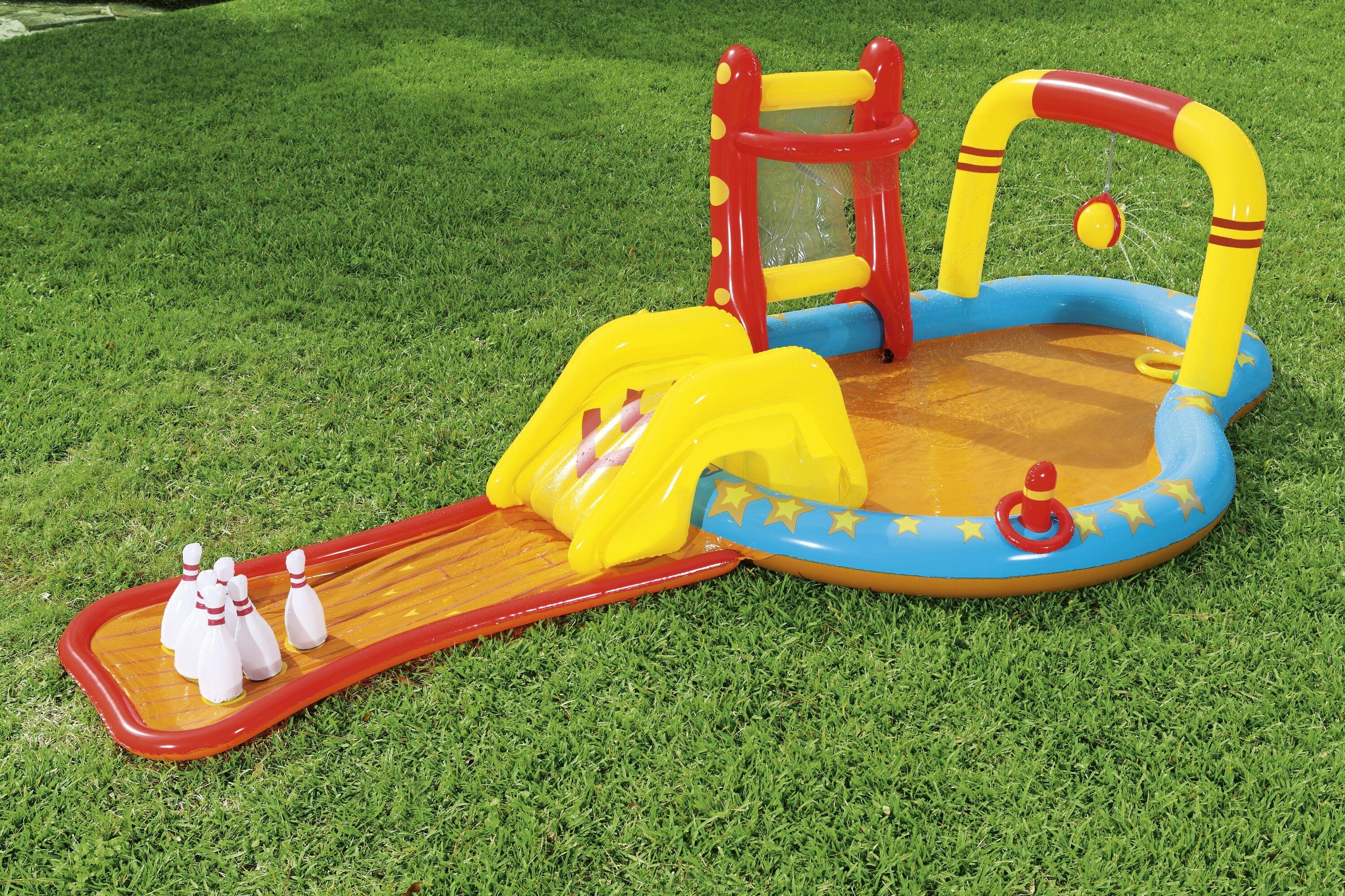 BESTWAY 53068 4.35M X 2.13M X 1.17M LIL' CHAMP PLAY CENTER (One pool,one slide,six bowling pins,one basketball stand,two inflatable rings,4 play balls,repair patch.) Age 2+