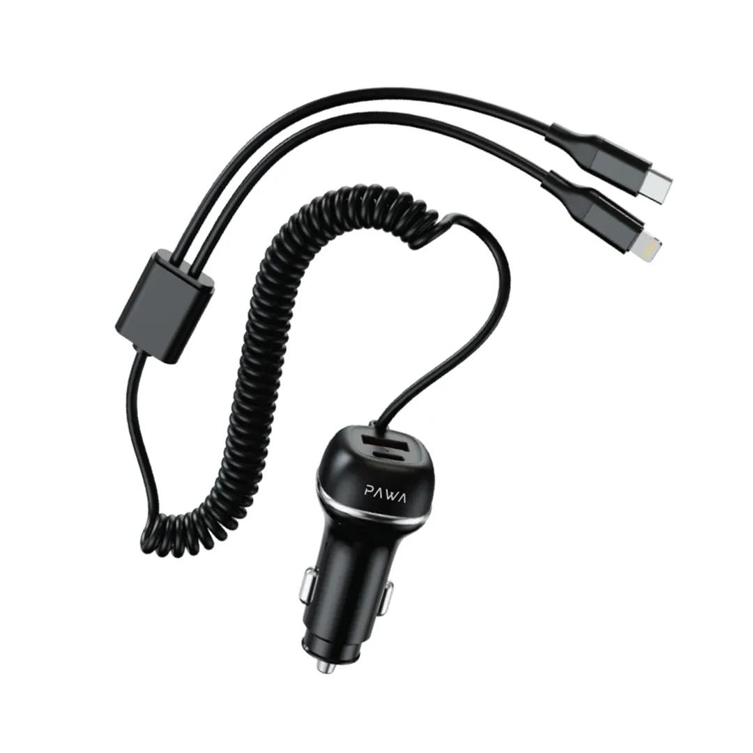 Pawa PW-CC68INTT-BK Solid Car Charger Dual Port Pd+Qc With Usb-C And Lightning Built-In Cable 68W