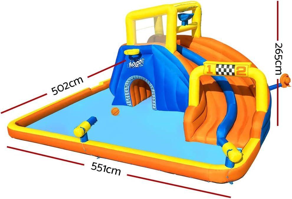BESTWAY 5.51M X 5.02M X 2.65M SUPER SPEEDWAY MEGA WATER PARK (1 slide, 1 blower, 1 repair kit (multiple assorted patches), 1 storage bag,10 bouncer stakes, 1 waters spraying hose,1 basketball) Age 5-10