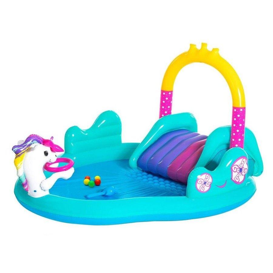 BESTWAY 53097 2.74M X 1.98M X 1.37M MAGICAL UNICORN PLAY CENTER (1 pool, 1 slide, 1 inflatable star ring, 1 magic wand, 6 play balls,repair patch.) Age 2+