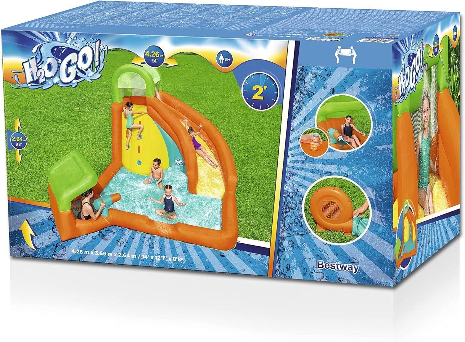 BESTWAY 4.26M X 3.69M X 2.64M CANOPY COVE MEGA WATER PARK (Contents: 1 slide, 1 blower (stakes included), 1 repair kit (multiple assorted patches), 1 storage bag, 11 bouncer stakes, 1 water spraying hose assembly) Age 5+ 