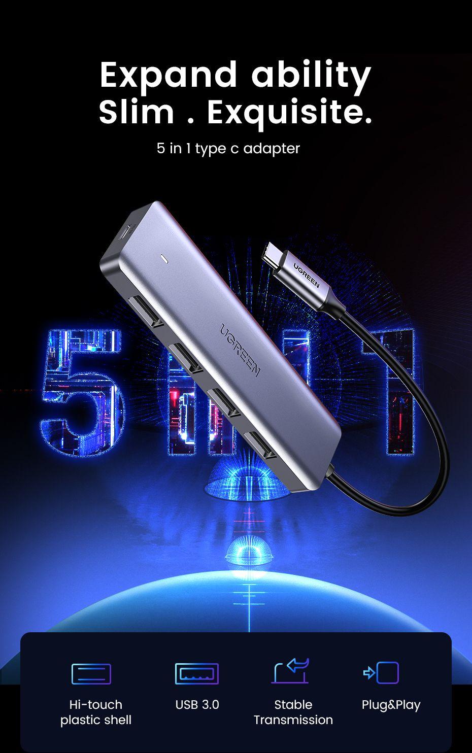 UGREEN Hub 4 Ports USB Type C to USB 3.0 Hub Adapter with Charging Port for MacBook Pro