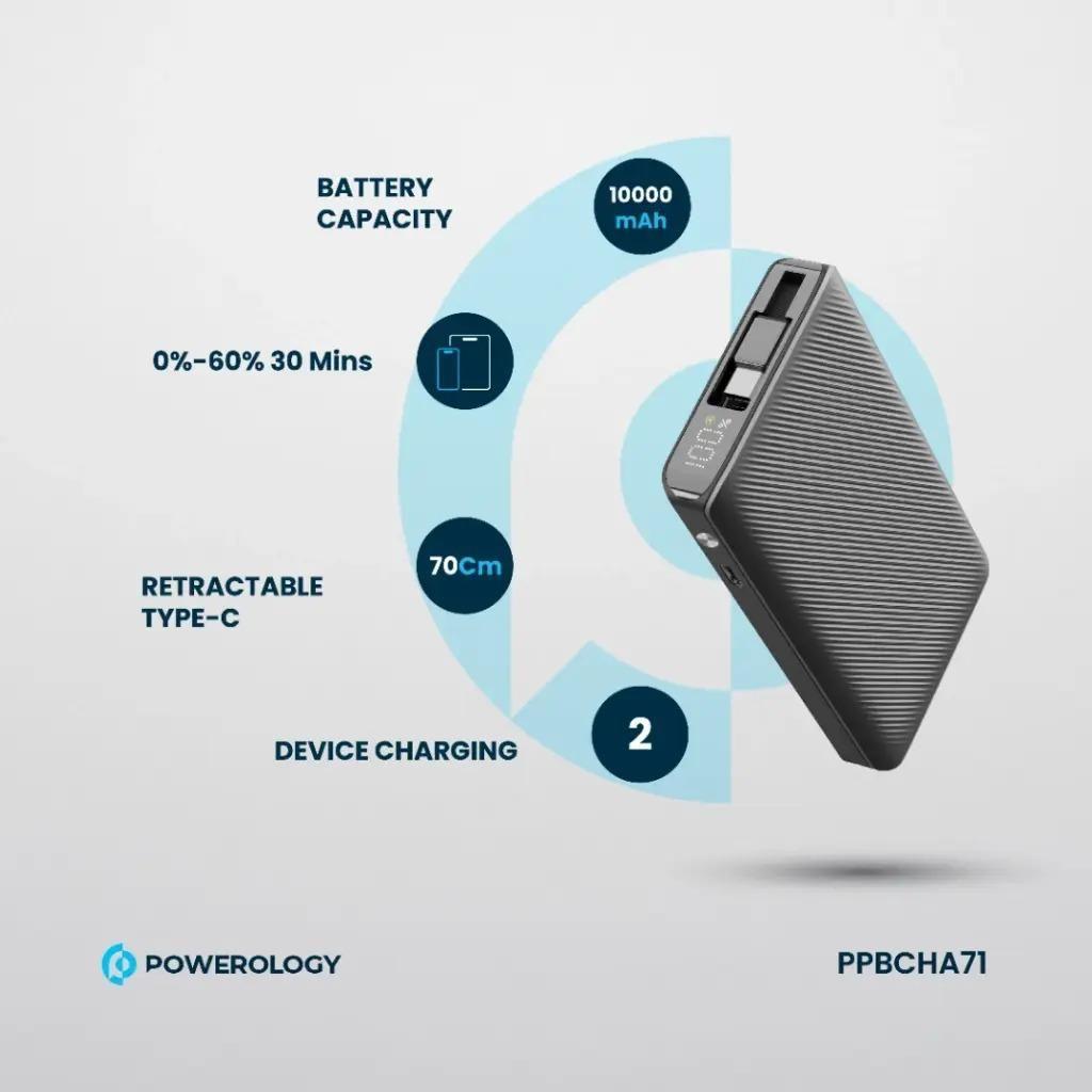 Powerology PPBCHA71 10000mAh Power Bank: Fast Charge with a Built-in Cable