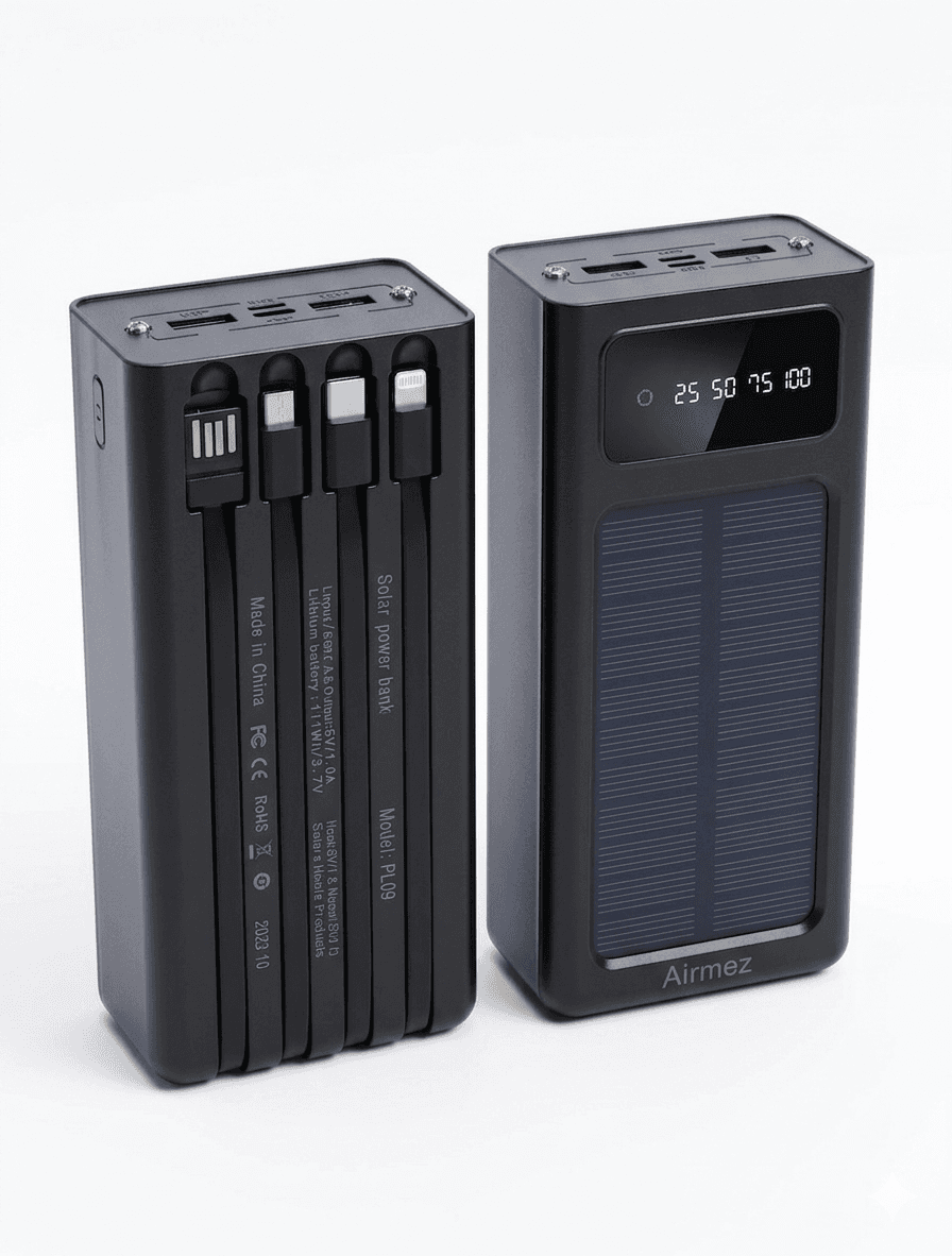 Airmez 30000mAh Solar Power Bank – High Capacity with Built-in Cables