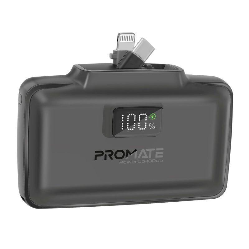 Promate PowerUp-10Duo – 10000mAh Ultra-Compact Fast-Charging Power Bank with Dual Folding USB-C & Lightning Connectors