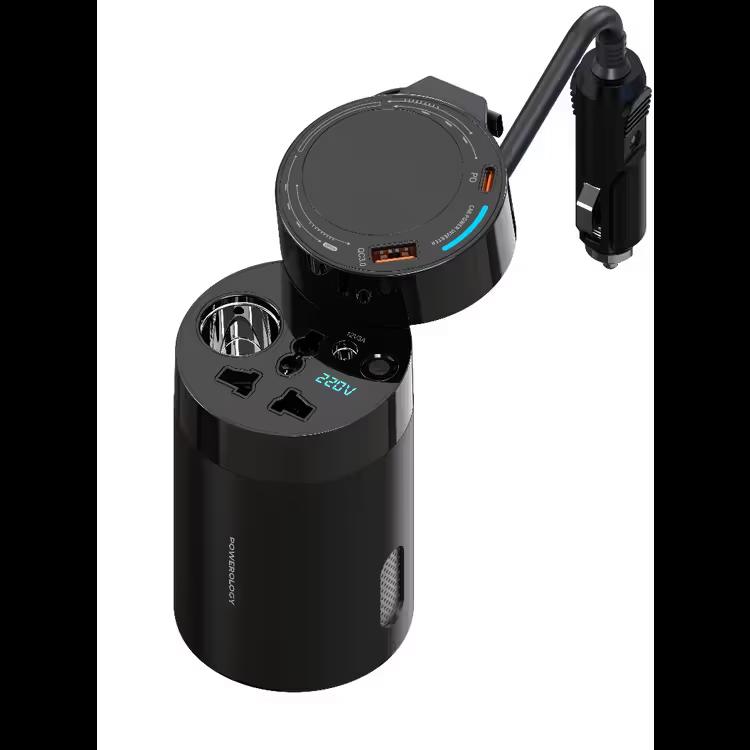 Powerology PWCPI200WBK 200W Universal Car Power Inverter – Multi-Port Fast Charging Car Power Converter