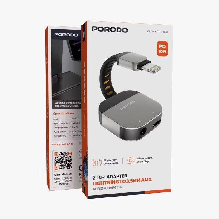 Porodo PDC8723GY 2-in-1 Adapter – Lightning Audio & Charging with Hi-Fi Sound