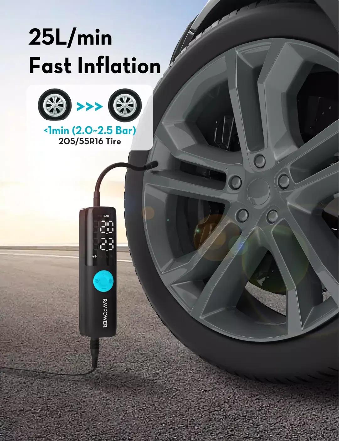 RAVPower Smart Car Tire Inflator with Easy Controls and 60W Power